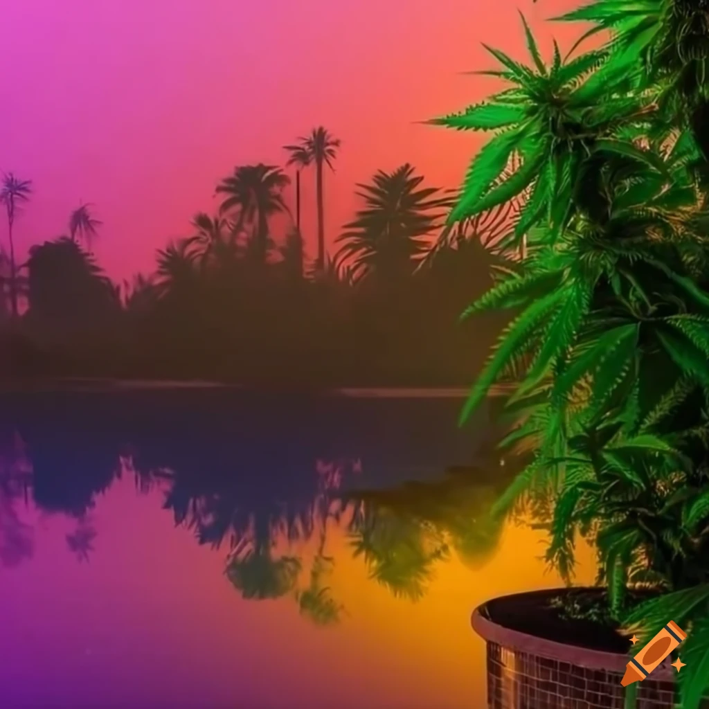 desert oasis with cannabis plants and palm trees