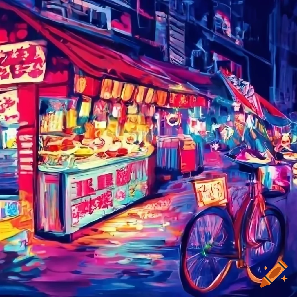 vibrant night market with neon lights and food stalls