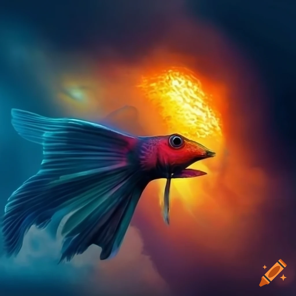 Incandescent flying fish in storm clouds on Craiyon