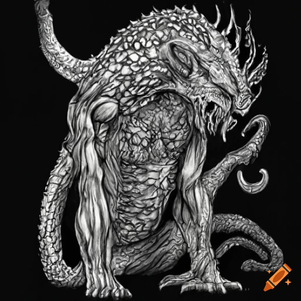 Majestic manticore flying in captivating black and white line art on ...