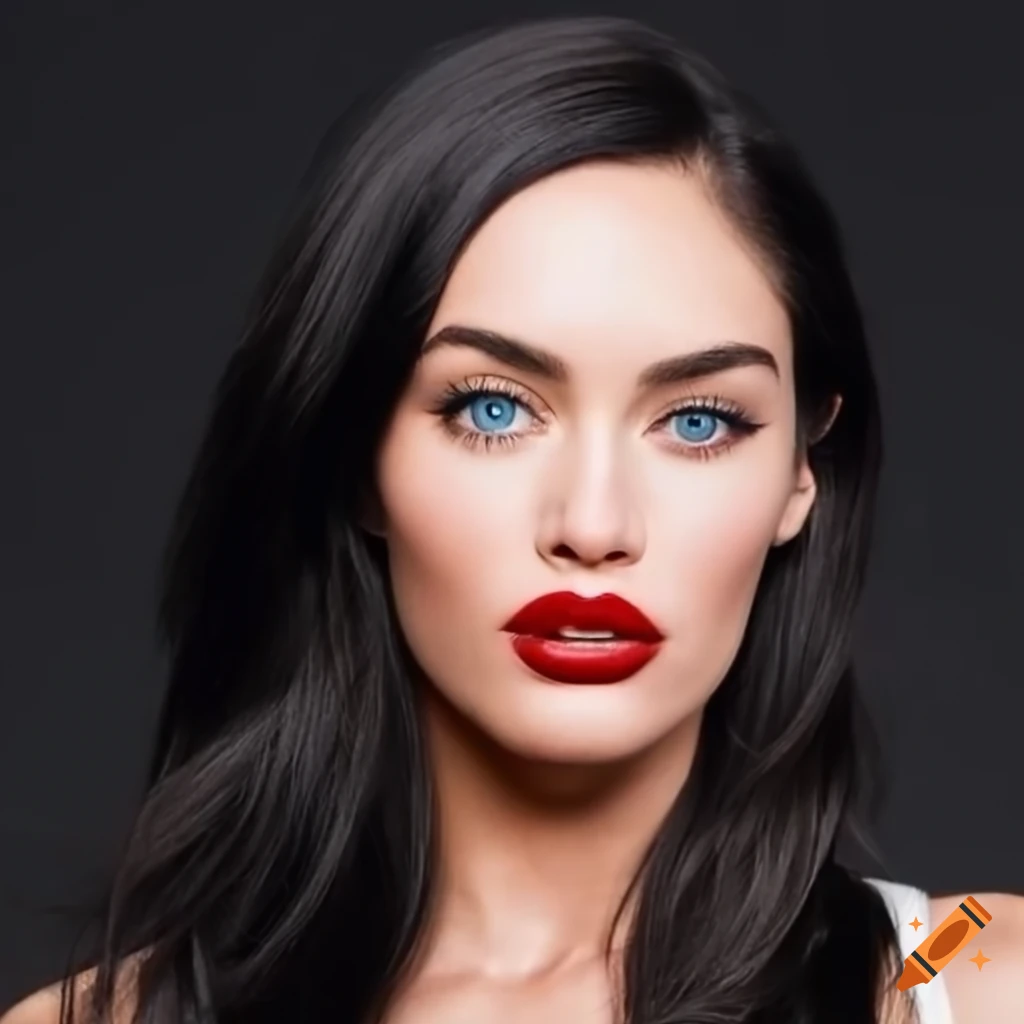 Portrait of a beautiful woman with tan skin, dark hair and blue eyes on ...