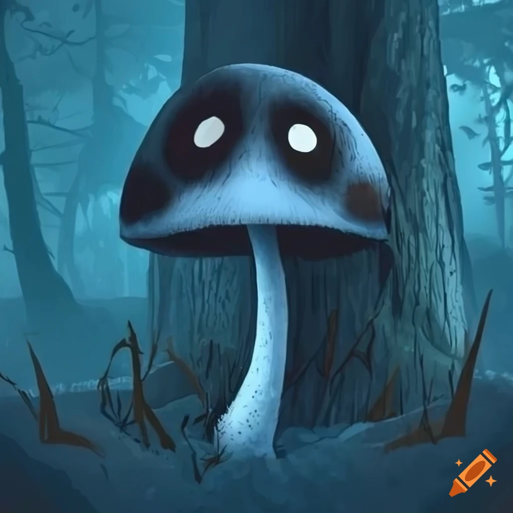 blue forest with black mushroom in Tim Burton style