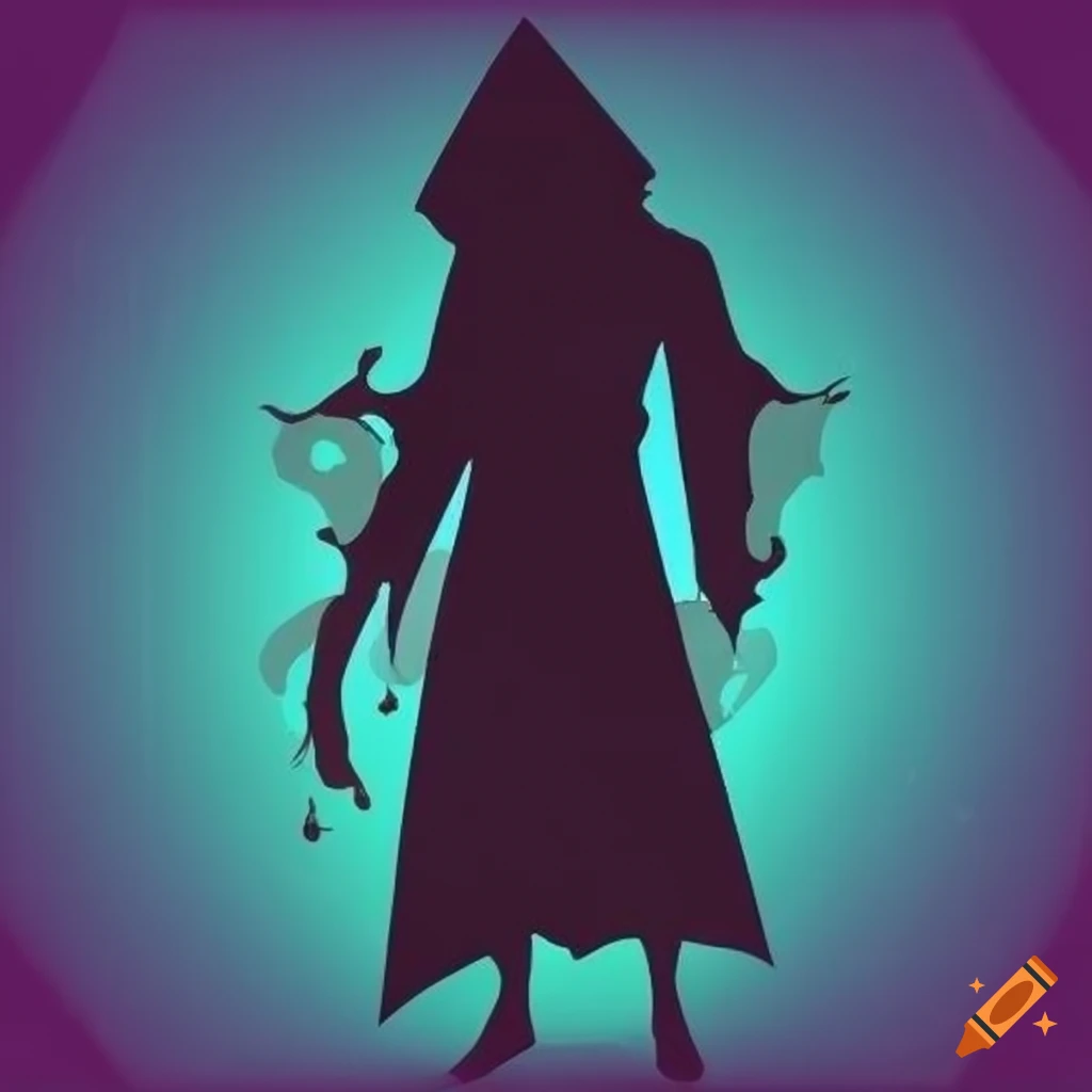 silhouette of a mage with cyan and purple background