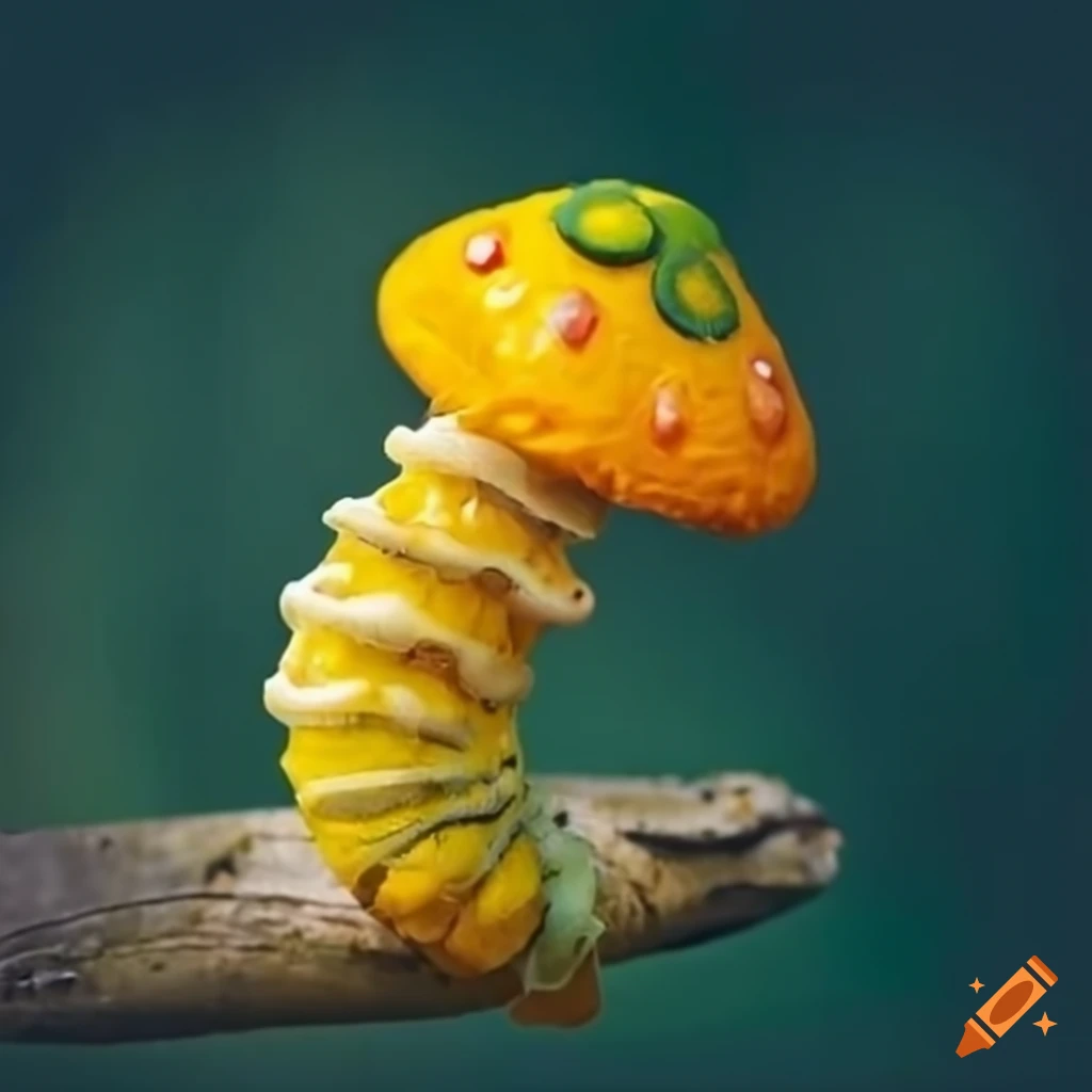 yellow caterpillar on branch shaped like a mushroom