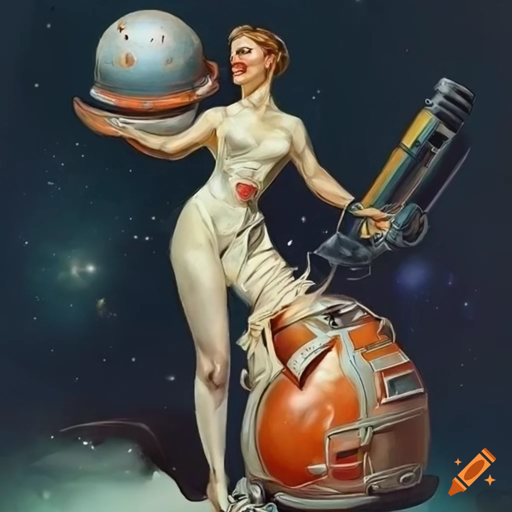 vintage space illustration of a woman in a clear helmet