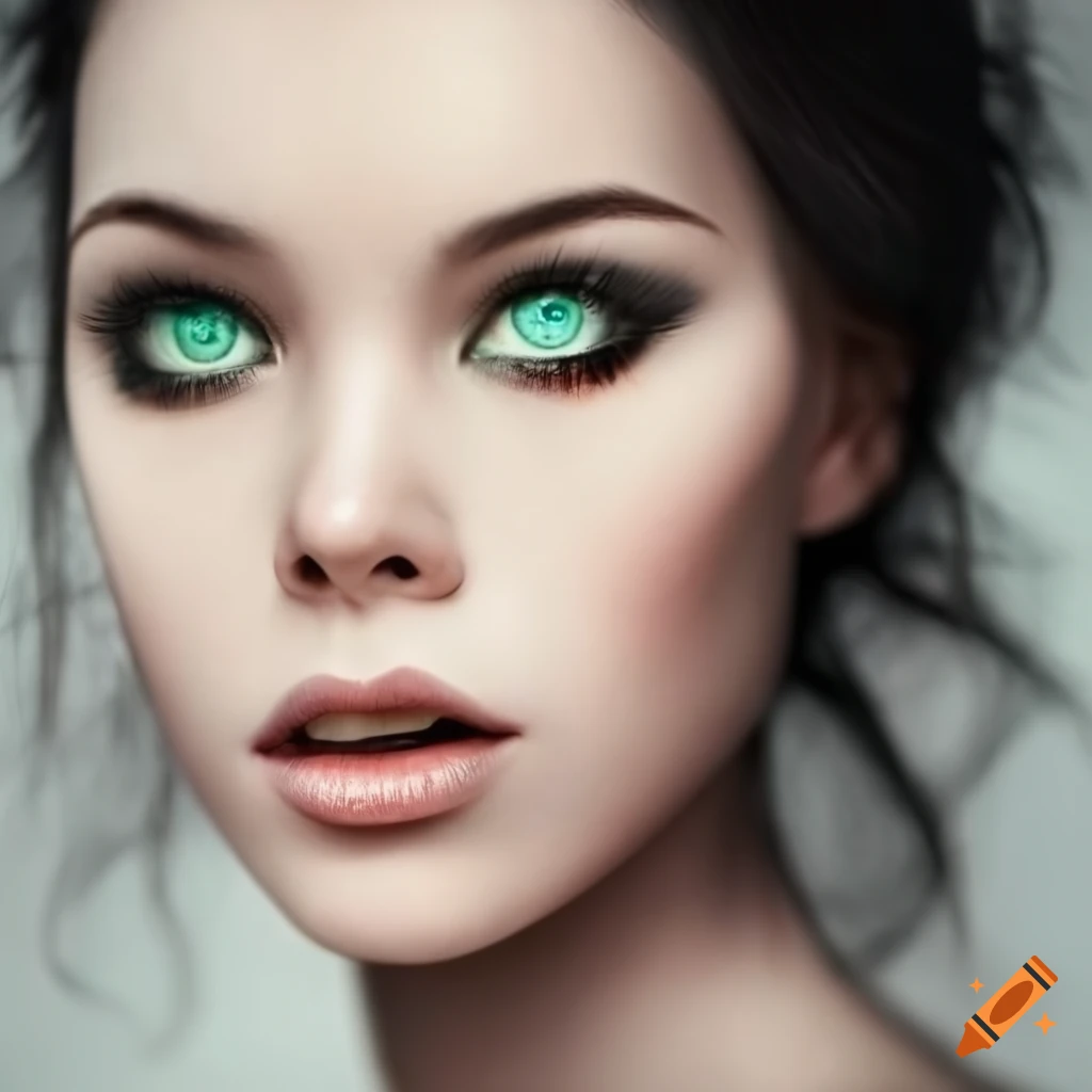 Portrait of a young woman with green eyes and long black hair