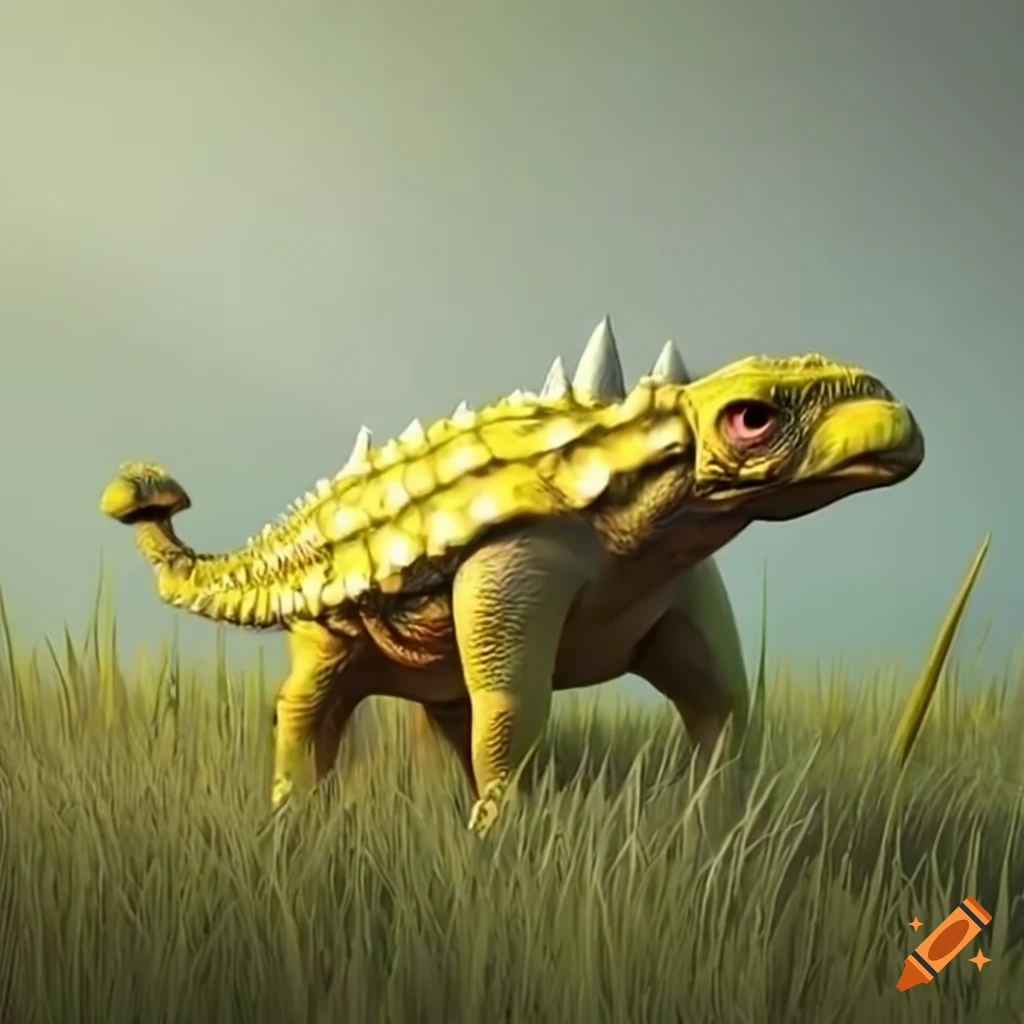 image of a yellow ankylosaurus in tall grass