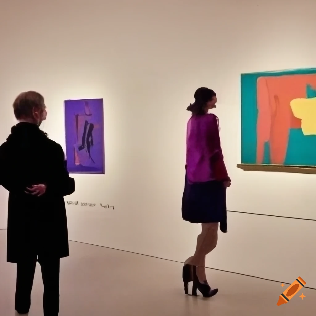 people at an art exhibition with artworks by Georges Braque and David Hockney