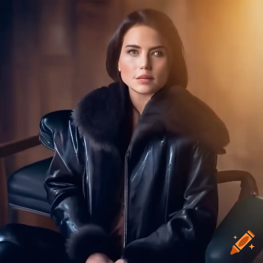 photorealistic image of a young actress in a black sheepskin bomber jacket