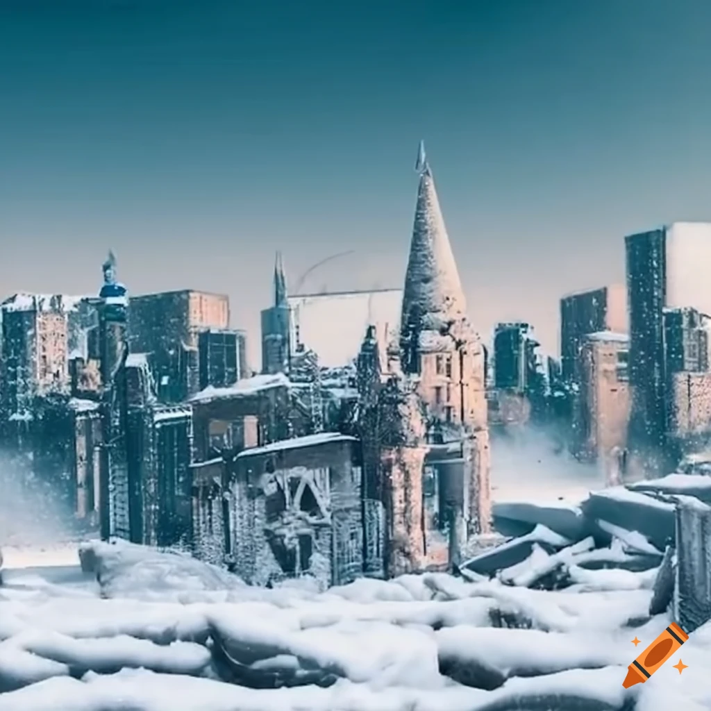 Frozen willis tower ruins in post-apocalyptic chicago during a snow ...