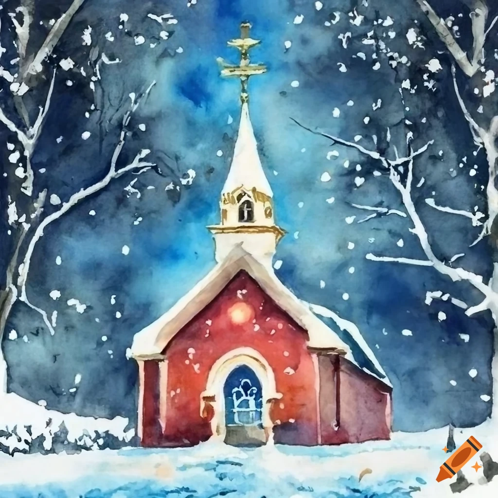 watercolor of a Christmas scene with church, angel, and Christmas tree