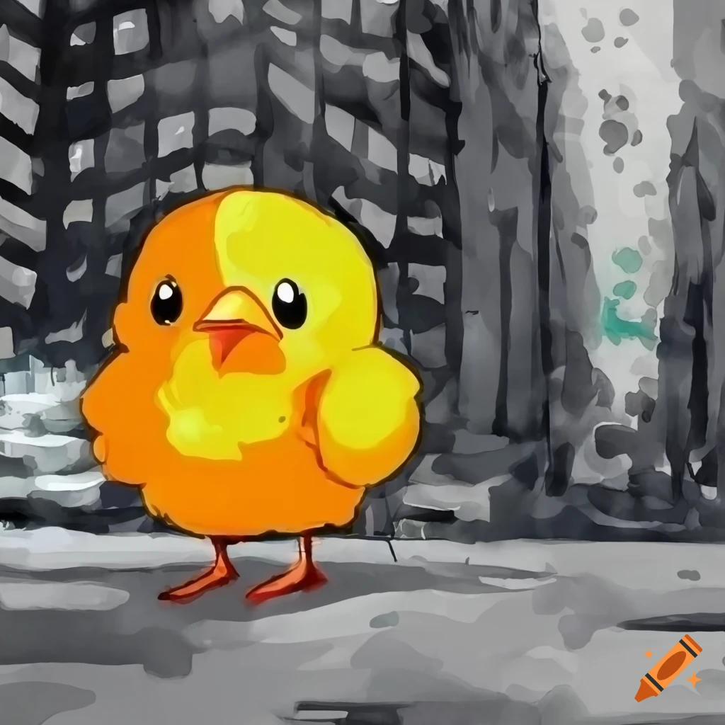 watercolor painting of a yellow cartoon chick in a busy city street