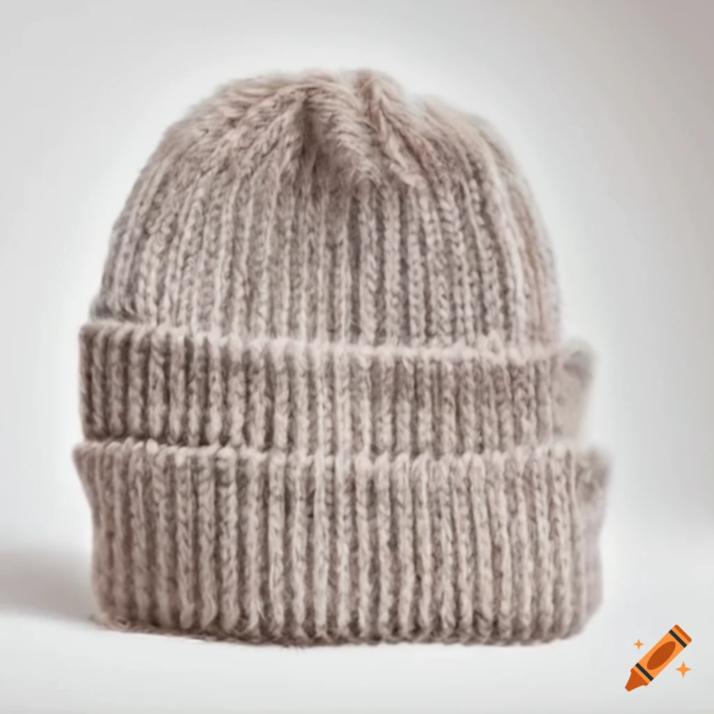 Stack of woolen beanie hats on white background