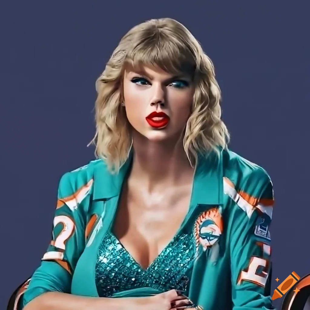 Taylor swift wearing miami dolphins jersey watching tv on Craiyon