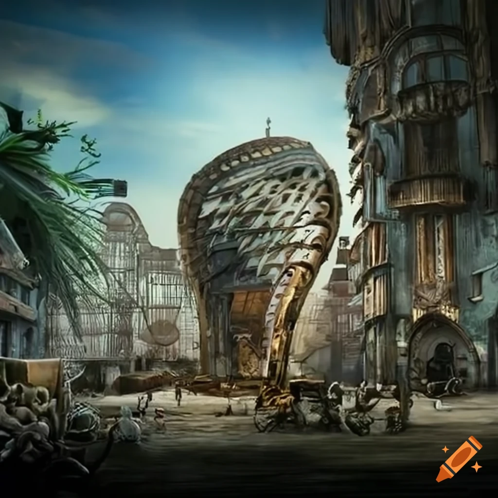 A steampunk city with unique biomorphic buildings