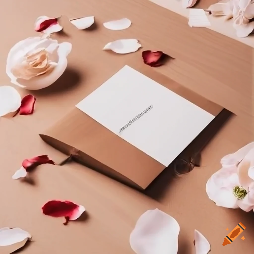 eco-friendly wedding invitation on wooden table with flower petals