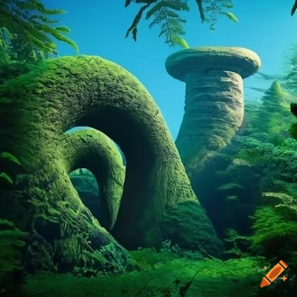 Stone fortress in a forest of giant ferns on Craiyon