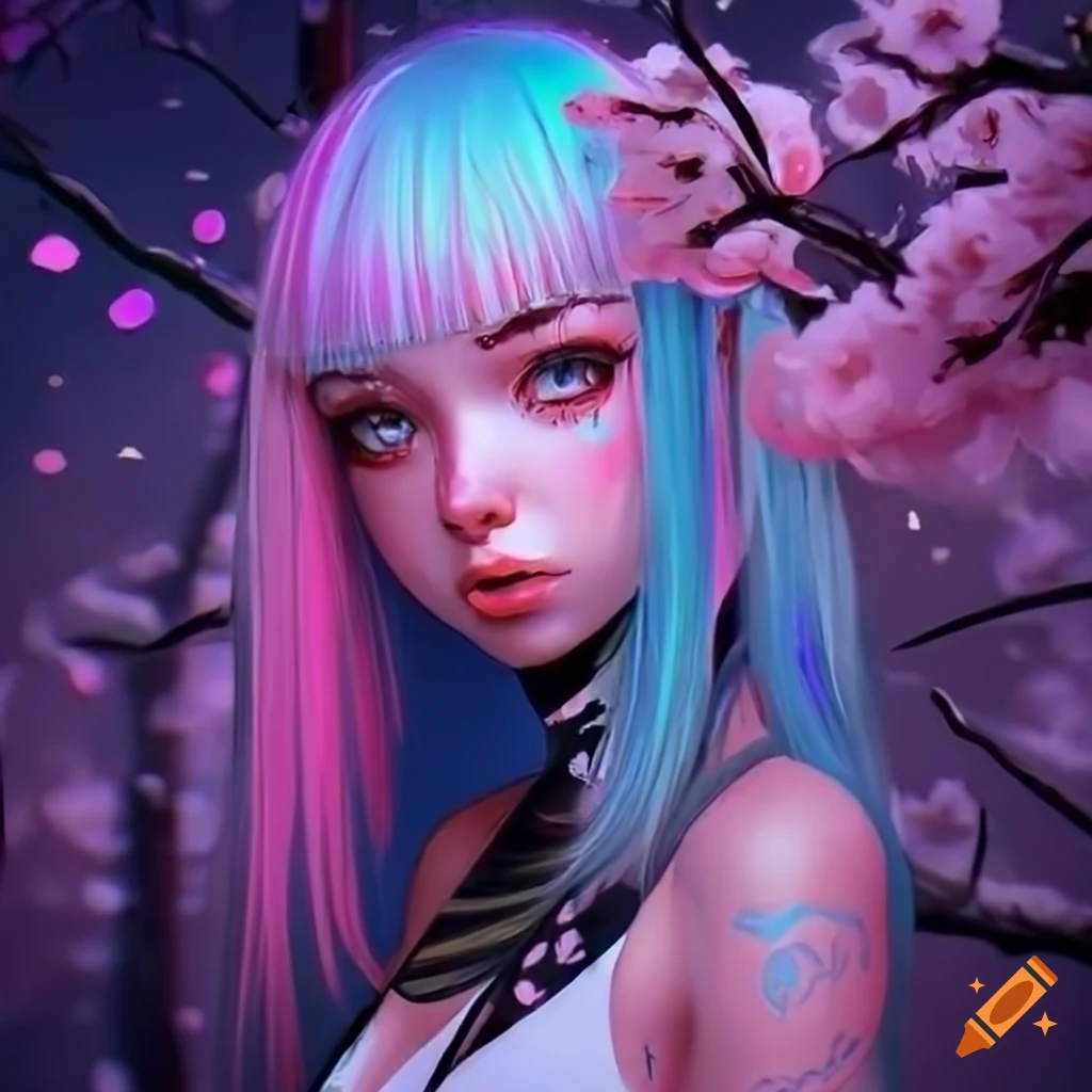Realistic artwork of a cyberpunk girl with pastel hair on Craiyon