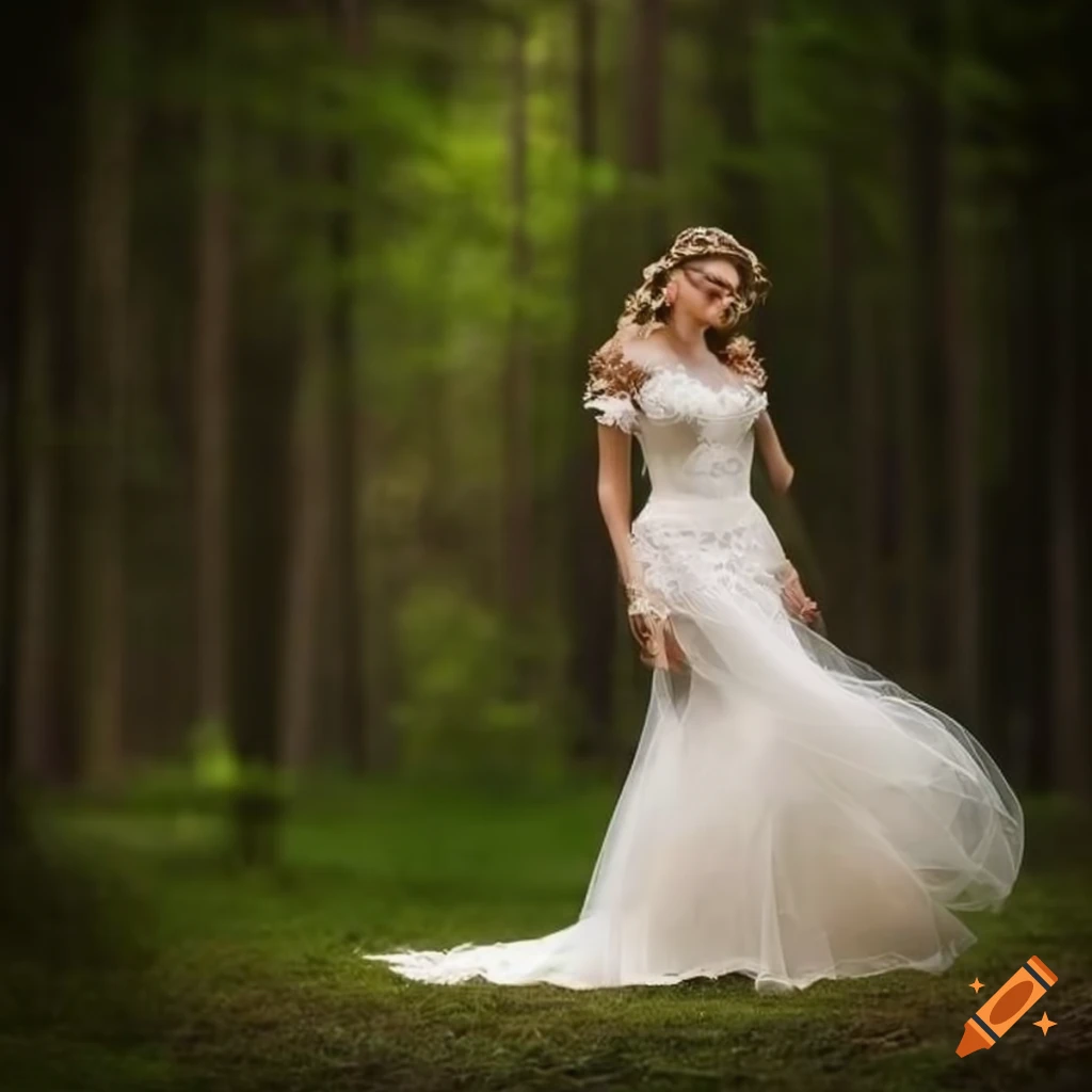 bride tied with ribbons in a woodland setting