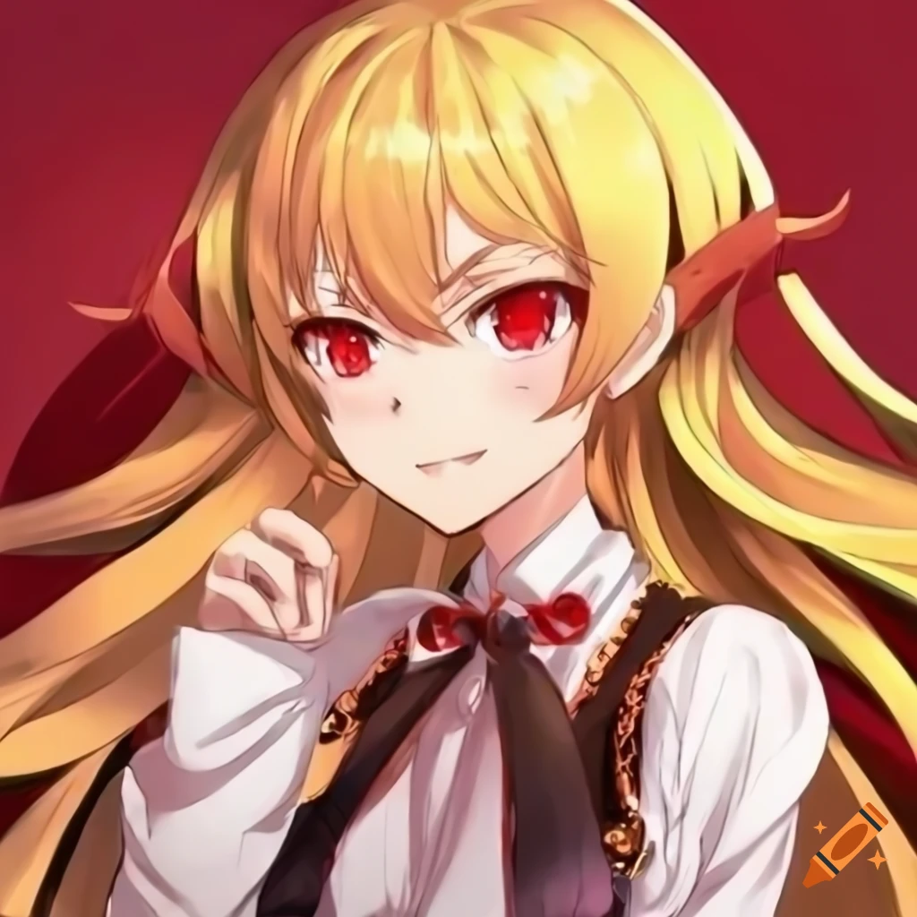 elegant anime character with red eyes and golden hair