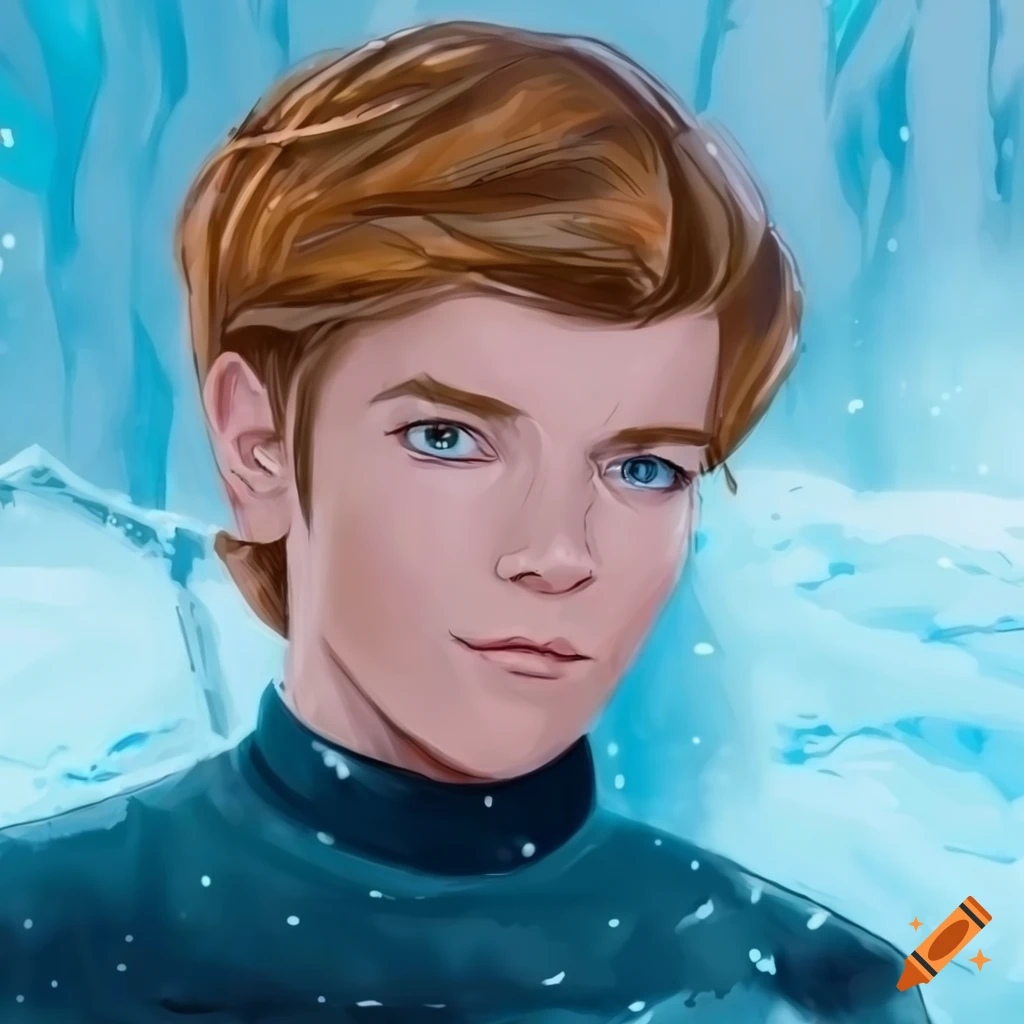 pulp art style depiction of young Ewan McGregor as prince of the ice kingdom