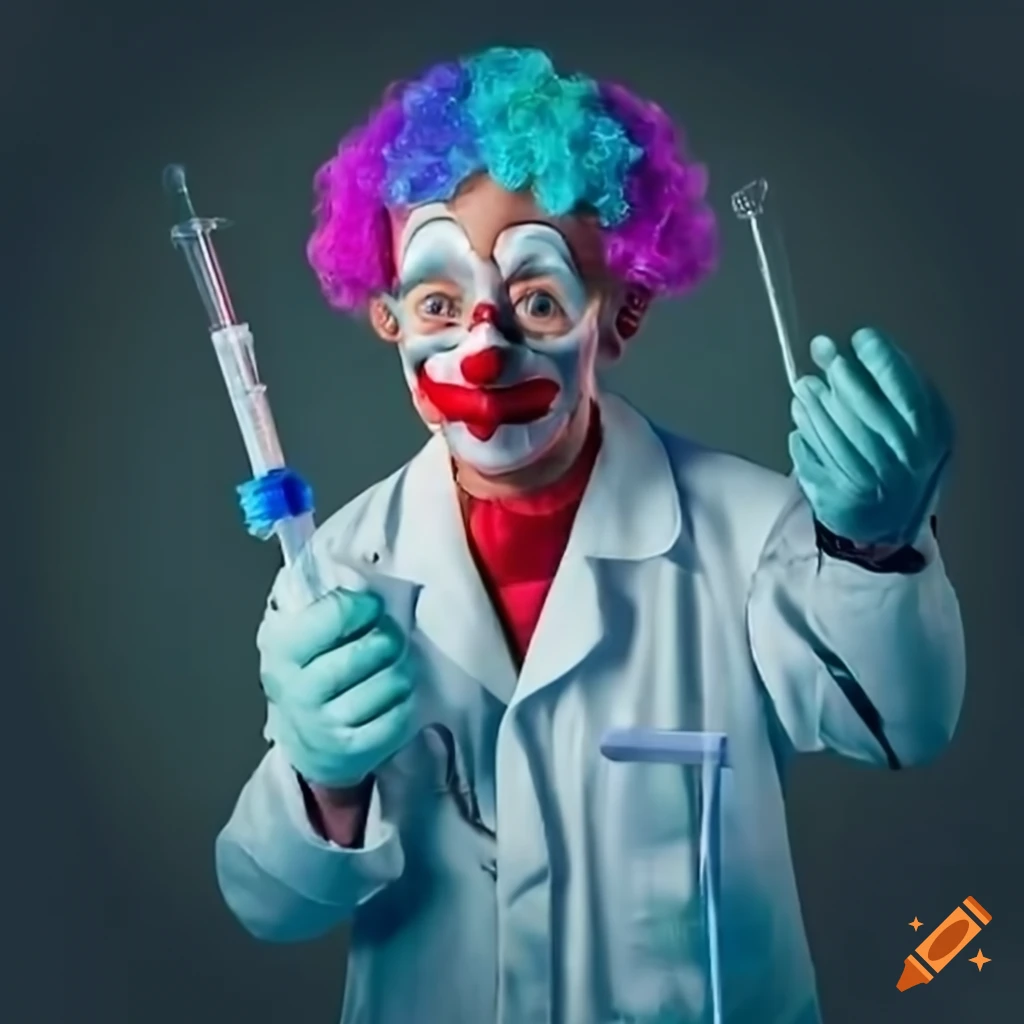 satirical image of a clown scientist experimenting in a lab