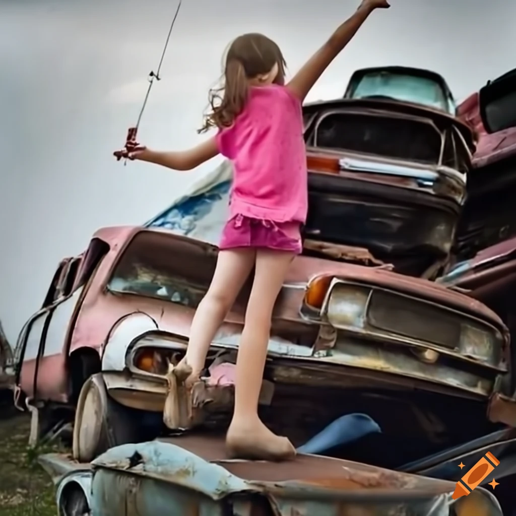 Girl playing on a scrap car at a junk yard on Craiyon