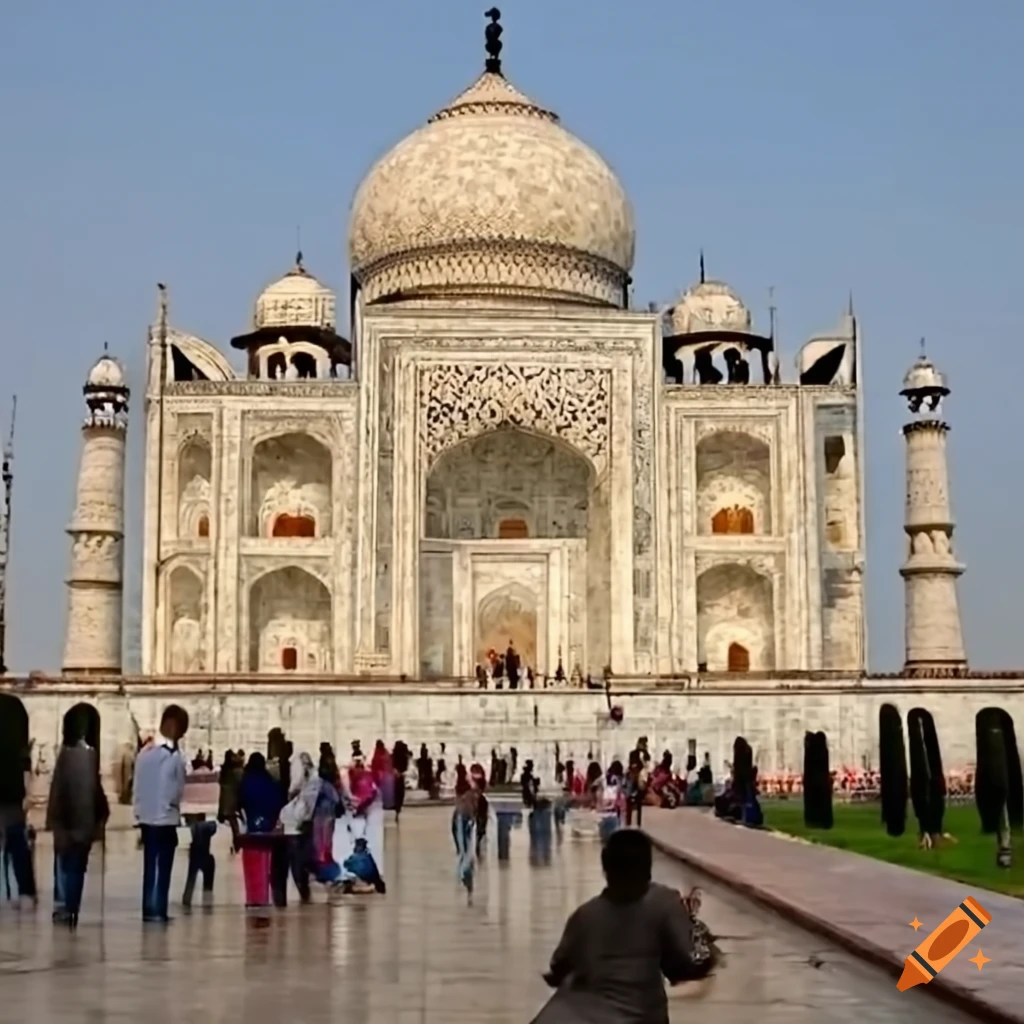 Taj Mahal with tourists and crowd