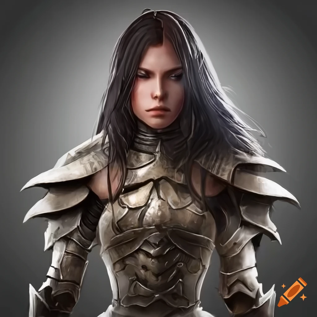 Image of a fierce female warrior in full armor on Craiyon