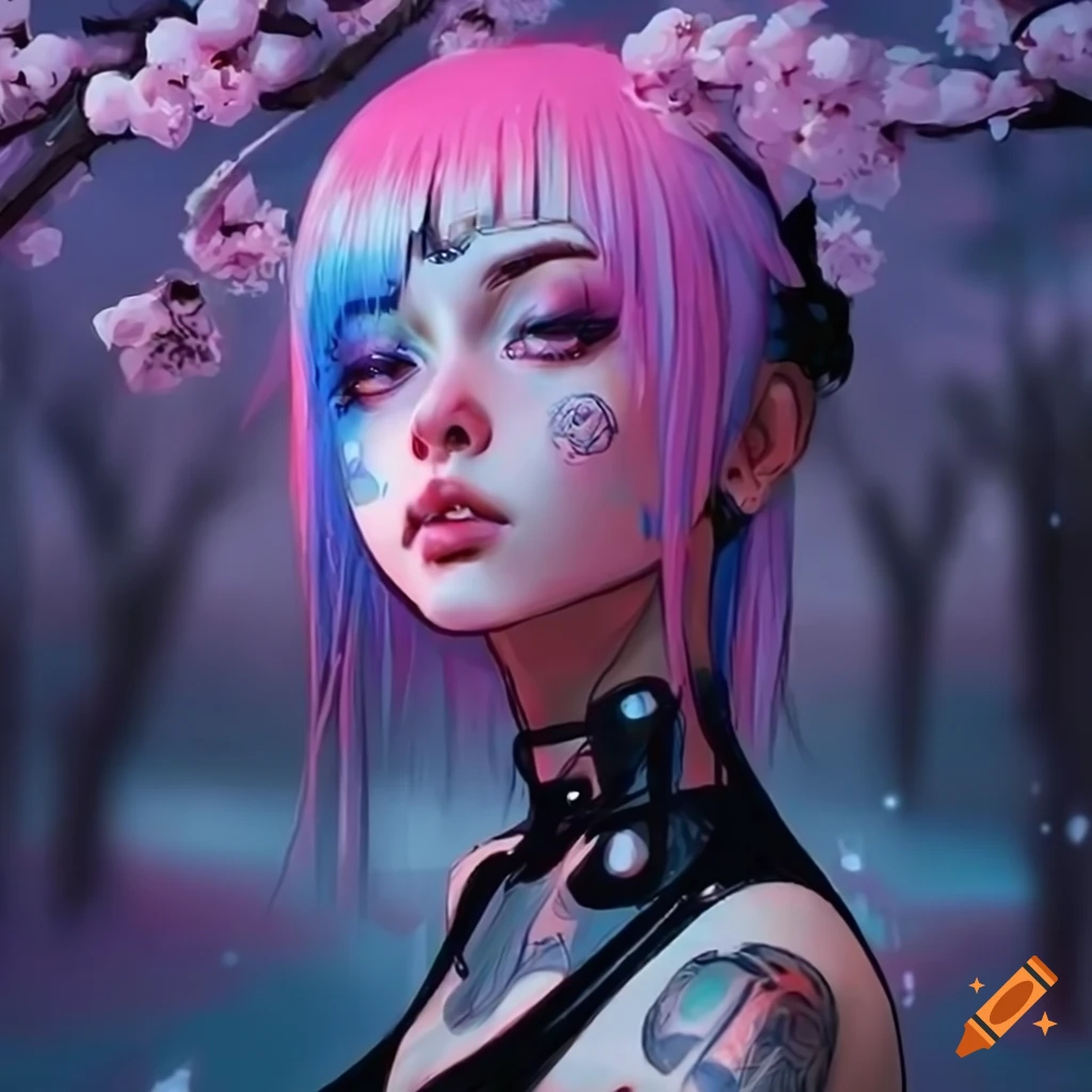 Realistic Artwork Of A Cyberpunk Girl With Pink And Blue Hair On Craiyon