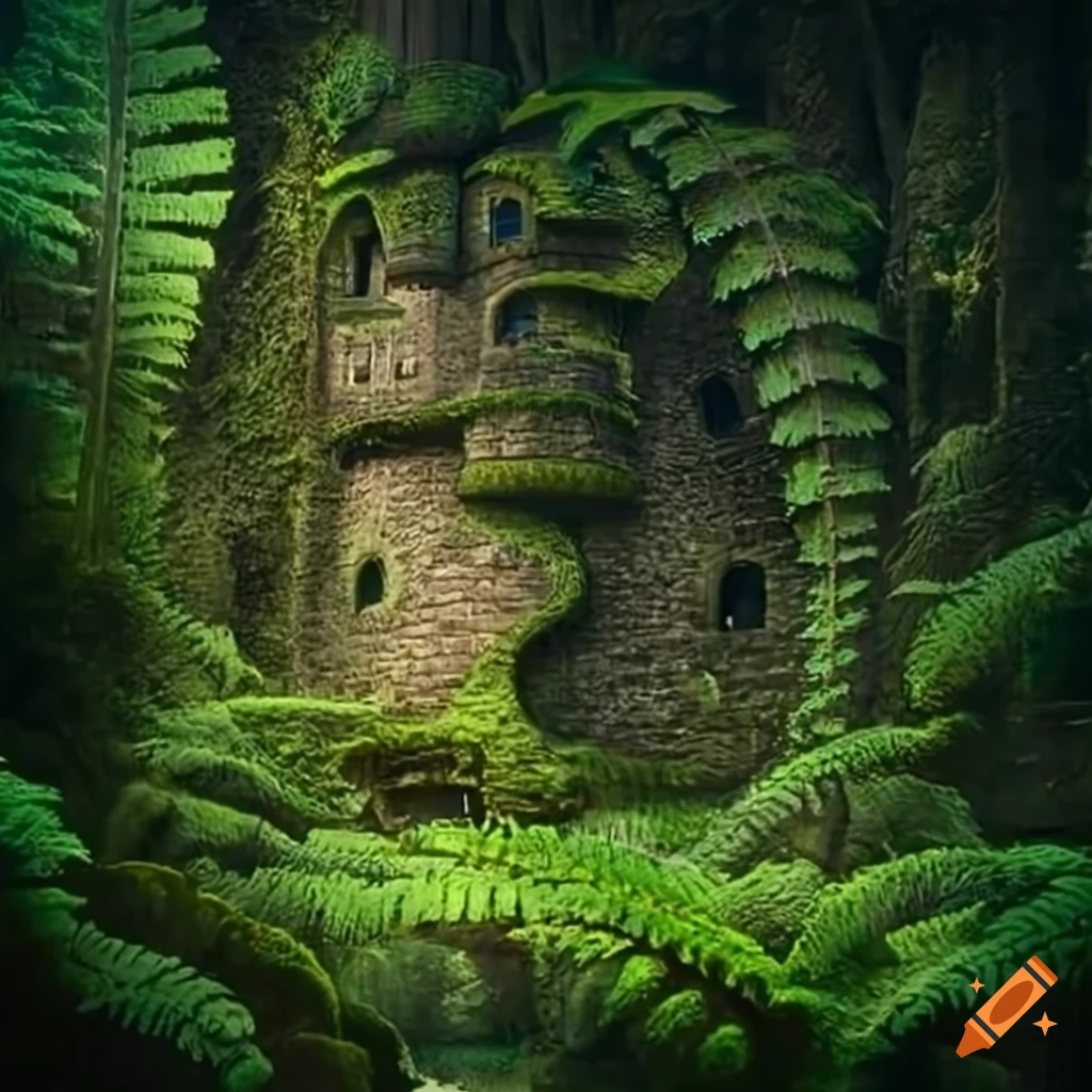 Medieval castle in a forest of giant ferns on Craiyon