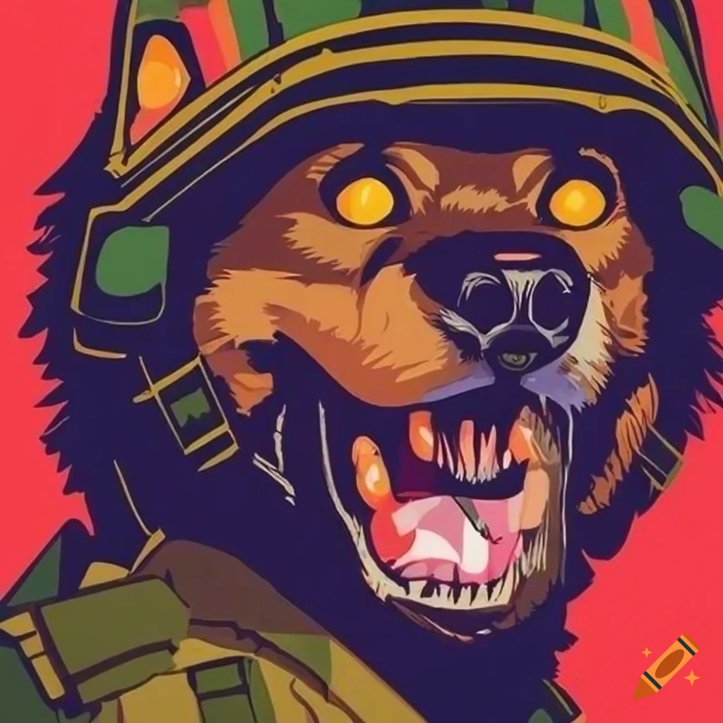pop art poster featuring a wolf in a fighter uniform