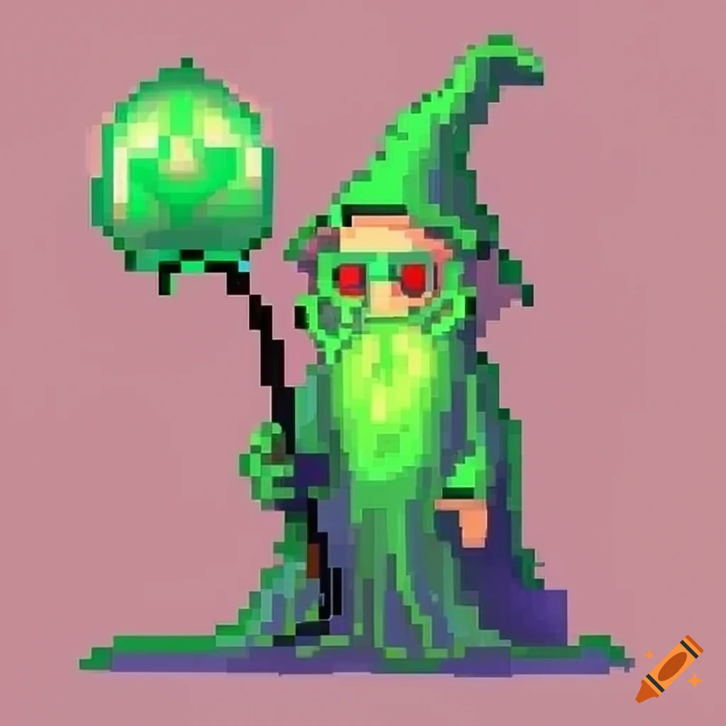 Cartoon Pixel Art Of A Green Wizard With Red Eyes Holding A Fly Trap On 