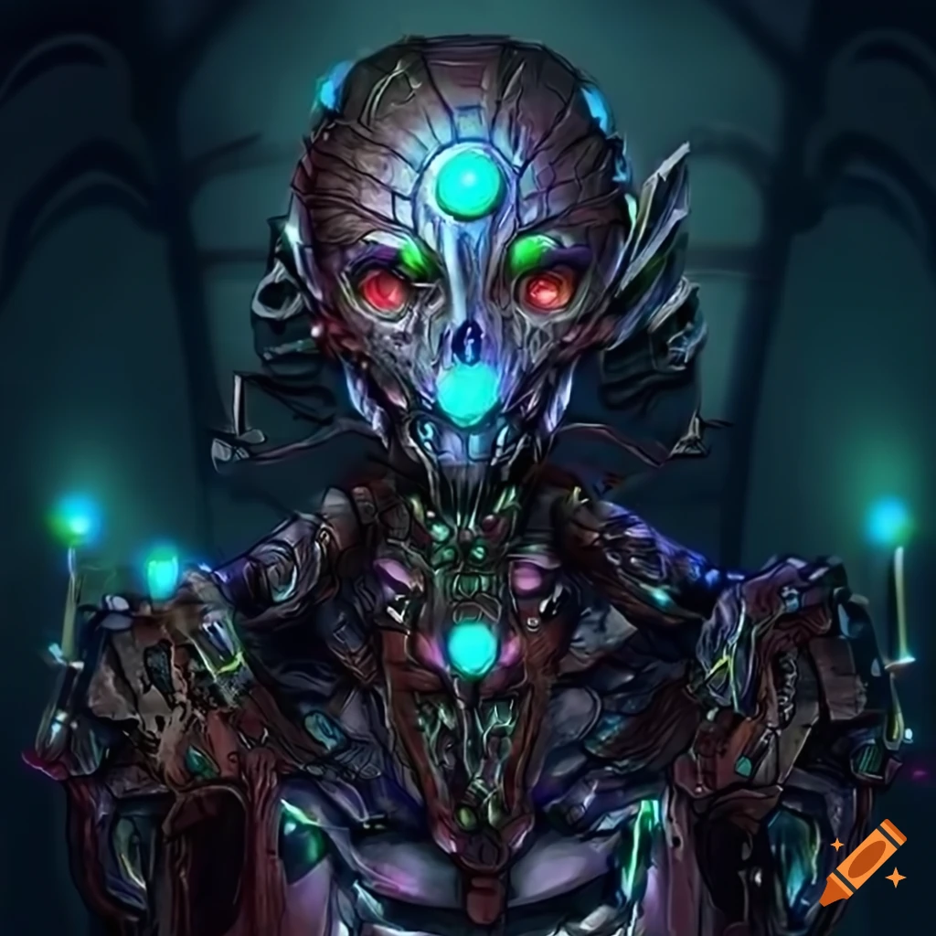 nightmarish anime cyborg warrior with jagged metallic limbs