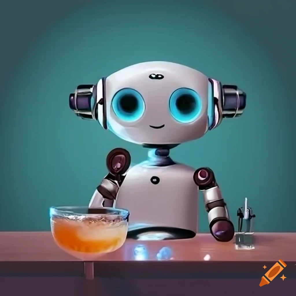 friendly robot serving cocktails at a bar