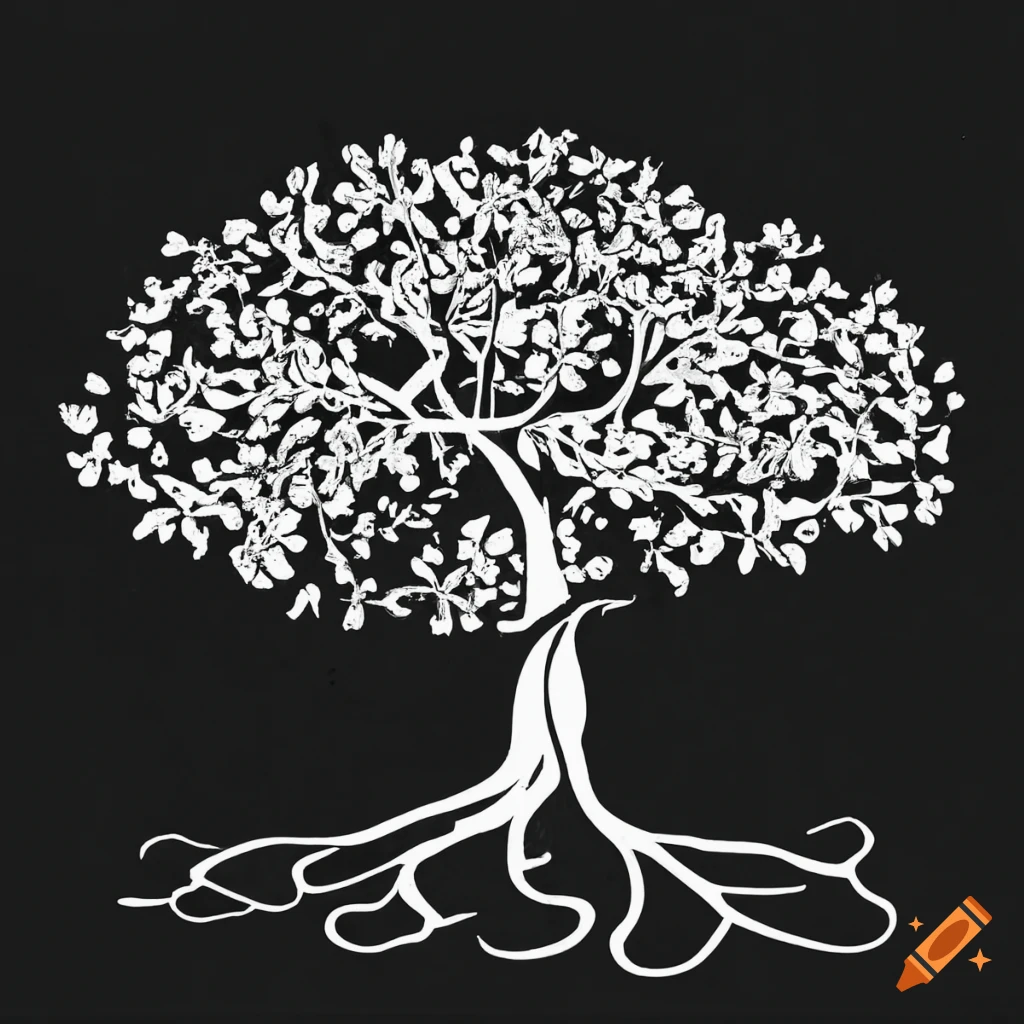 minimalist black and white illustration of apple tree and roots
