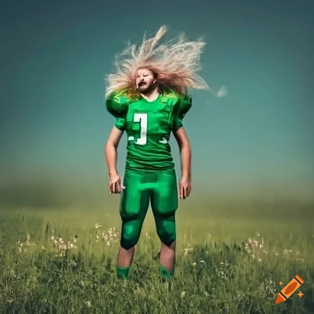football player in a meadow with flowing hair