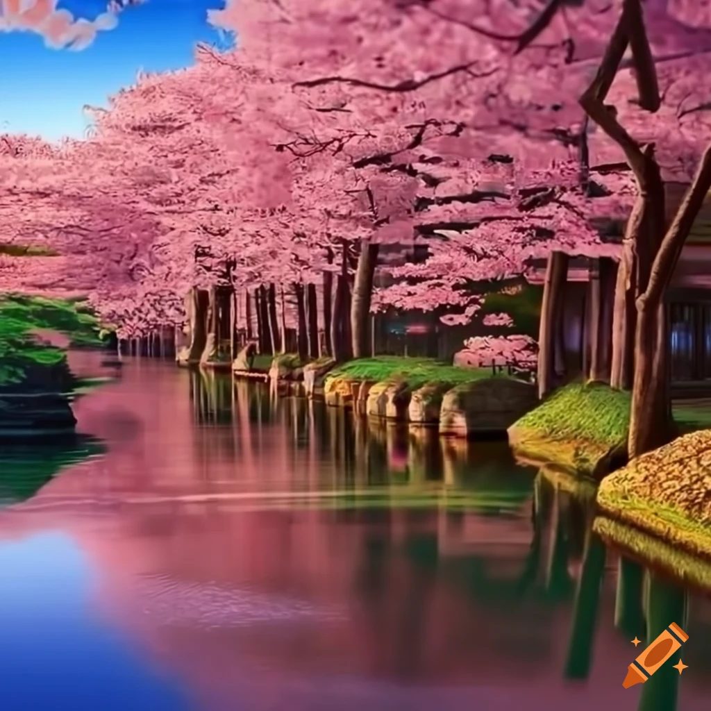 serene Japanese cherry blossom garden with wooden bridges and pagodas