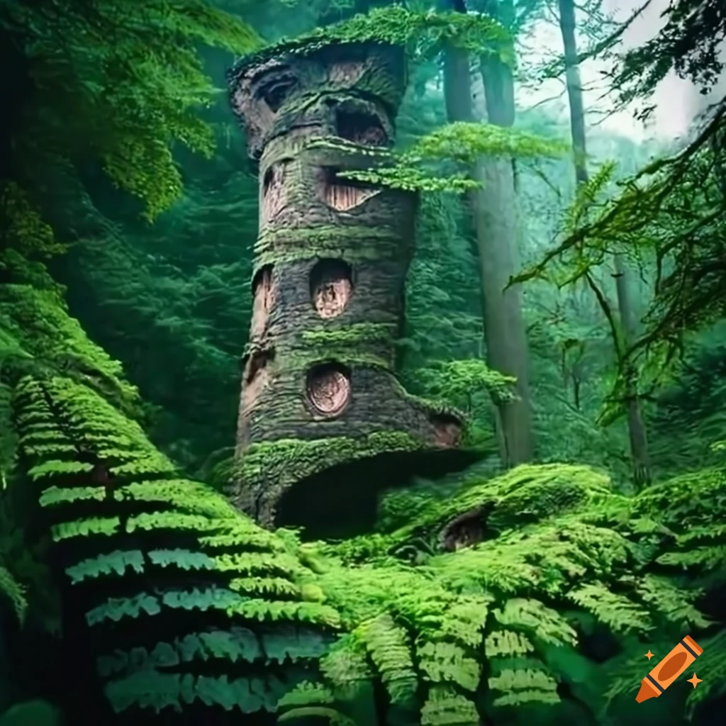 Biomorphic stone towers in a fern-filled forest on Craiyon