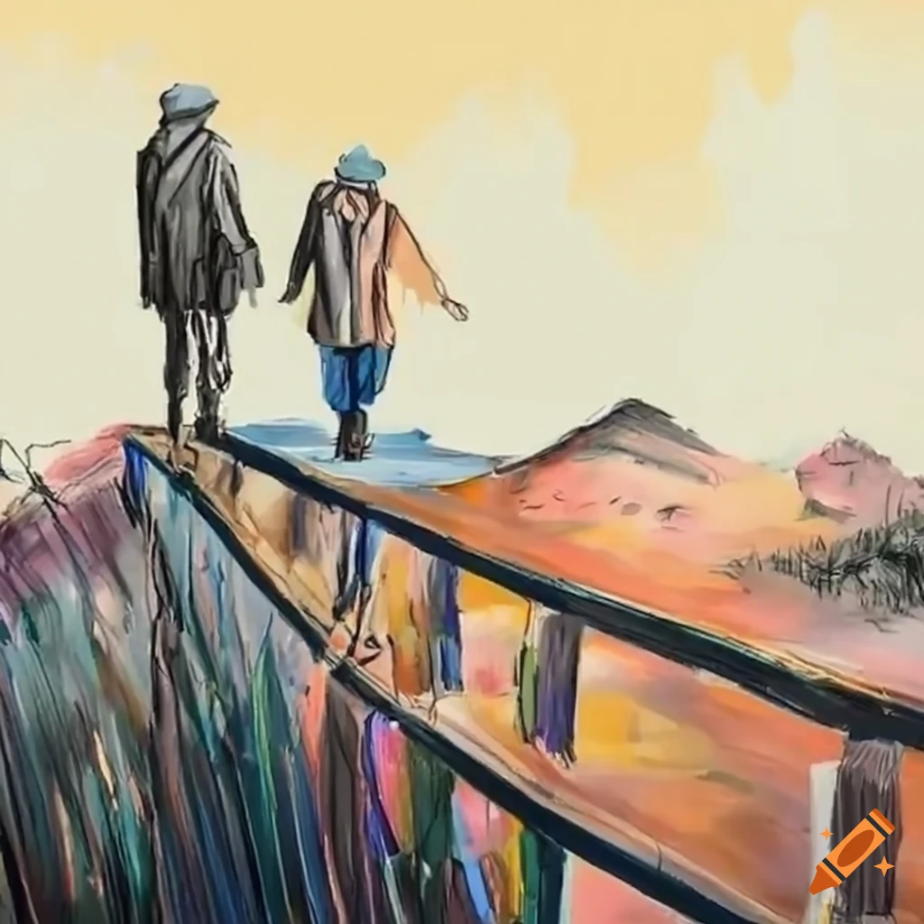 senior men walking on a bridge in the desert
