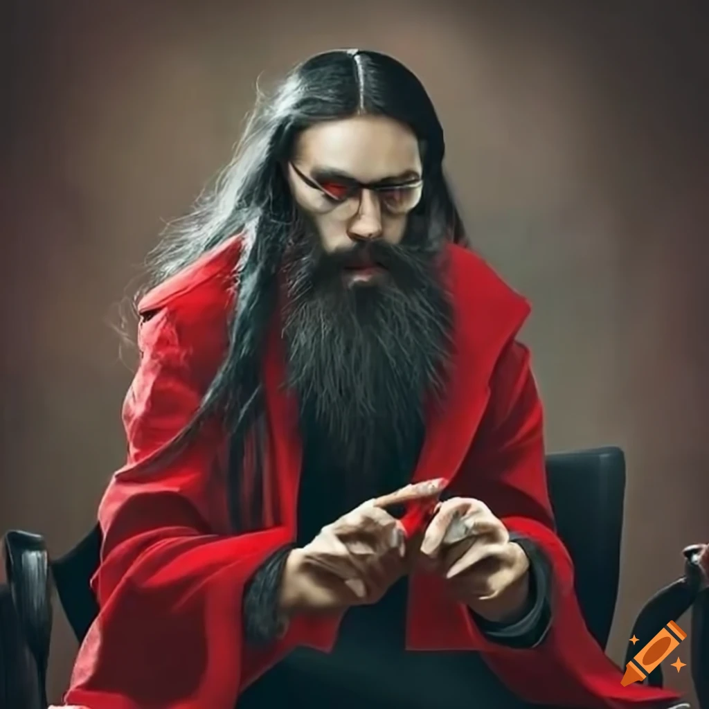 image of a mysterious magician in a red robe in an office