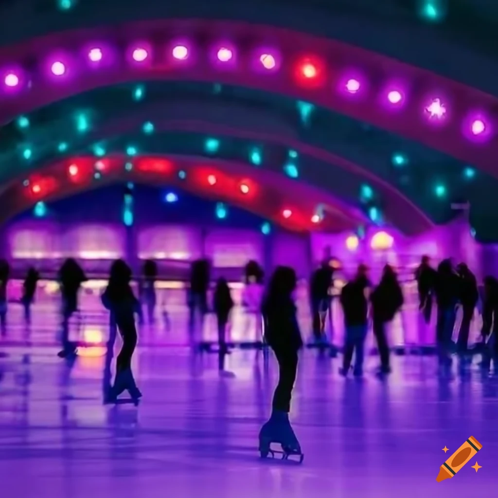 Purple-lit ice skating hall with skaters in red and blue costumes on ...