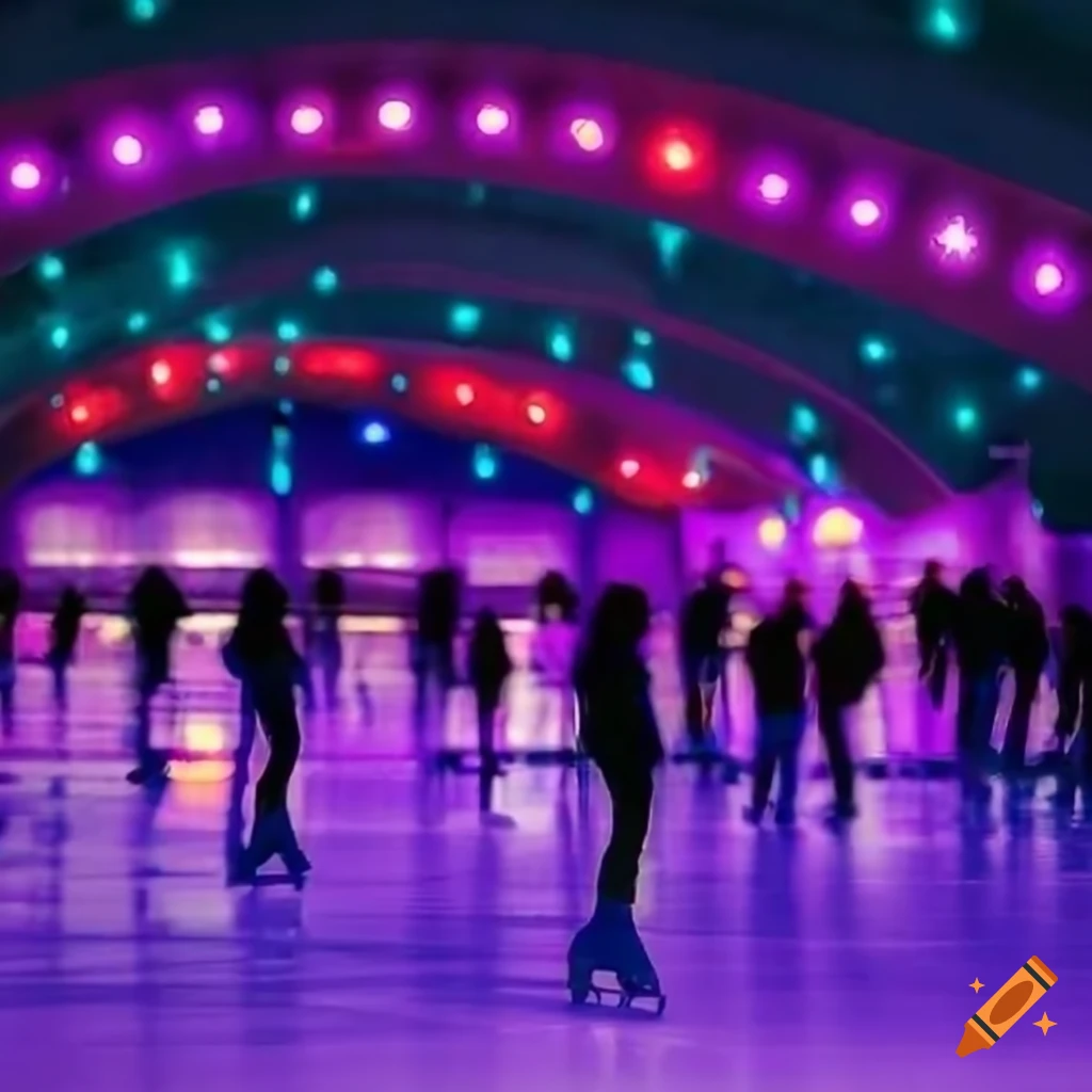 purple-lit ice skating hall with skaters in red and blue costumes