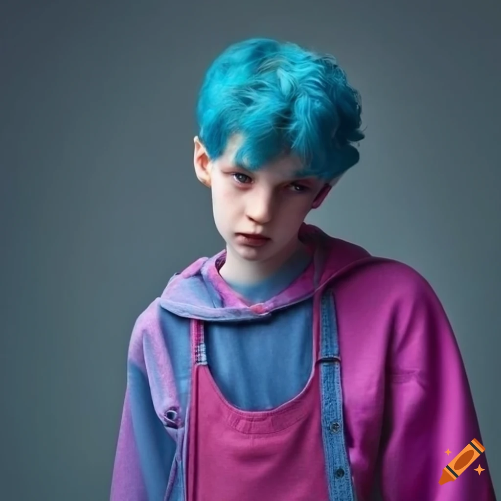 stylish male teenager with blue hair and unique outfit