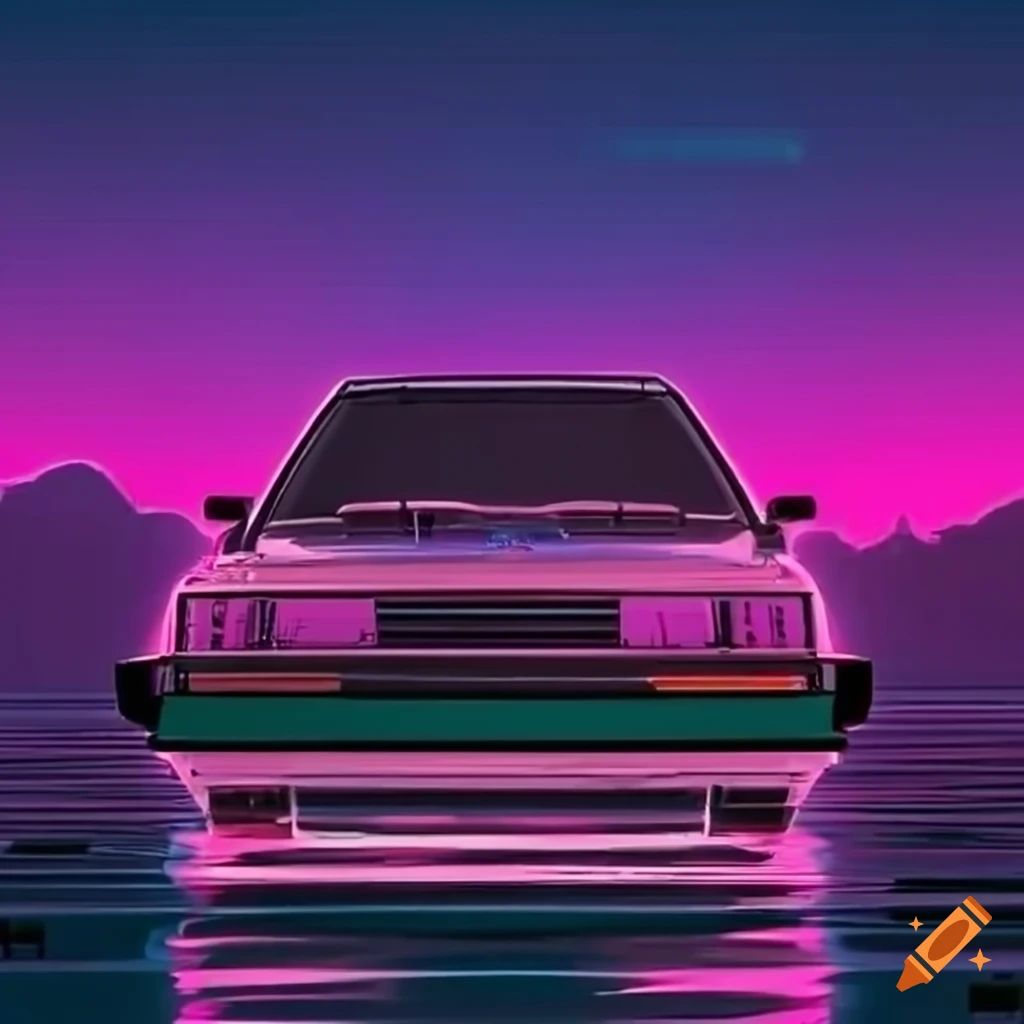 retro neon lit Toyota Camry on a synthwave track