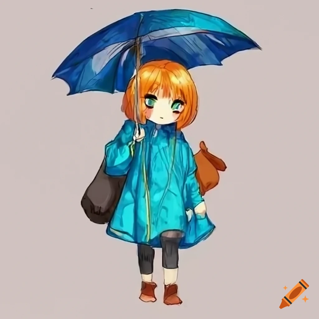 Anime cartoon silly girl standing in rain wearing long raincoat,  illustration iridescent, magically glowing, shiny colorful, holograph -  SeaArt AI