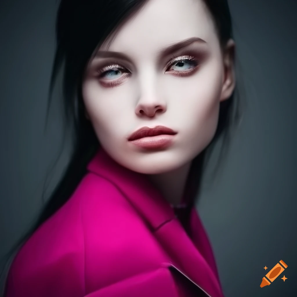 Portrait of a young woman with green eyes and long black hair on Craiyon