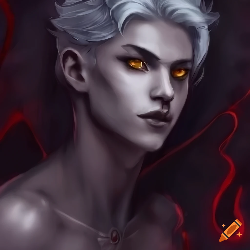 Portrait of an attractive male demon with grey skin