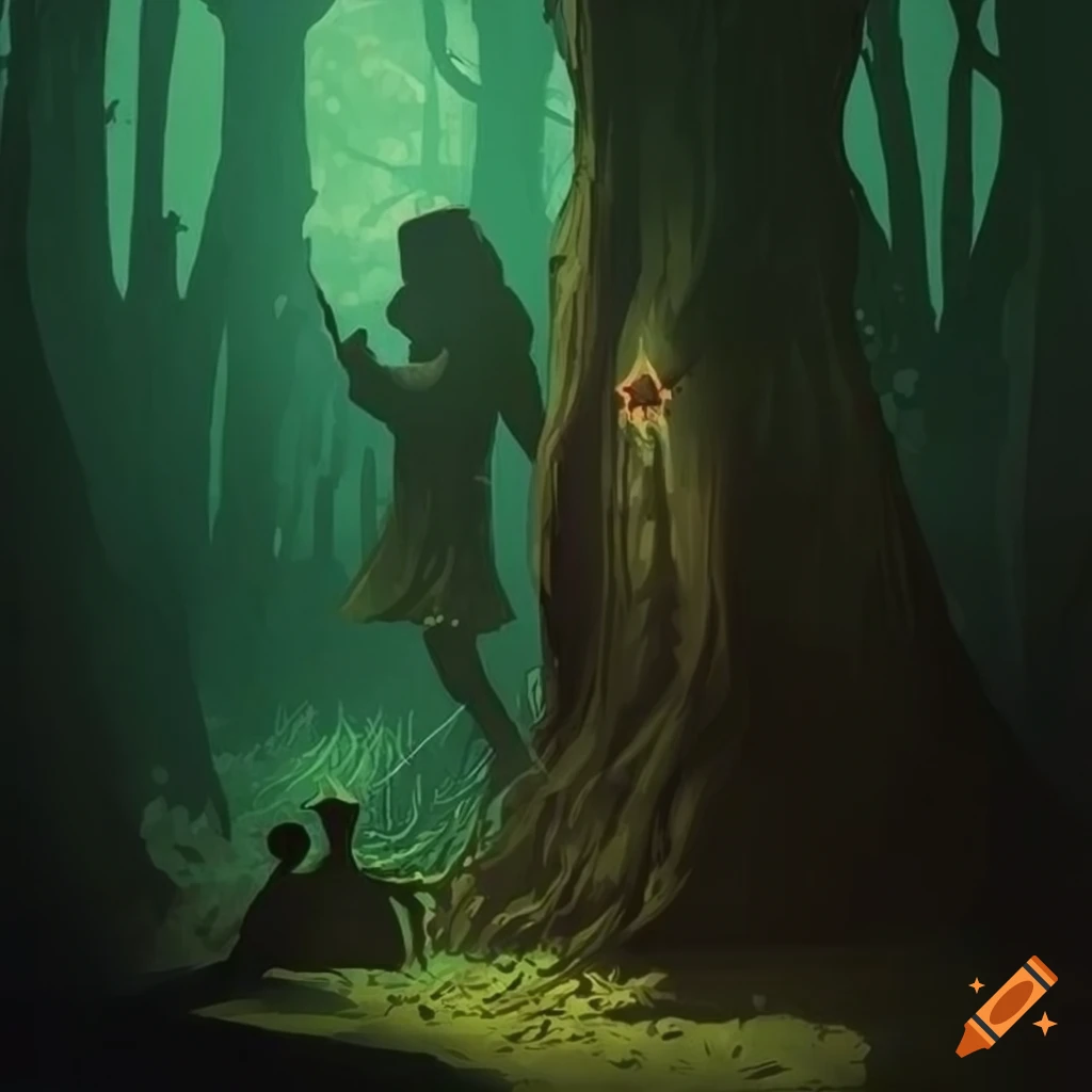 grainy 70s dark fantasy illustration of lost explorer in forest