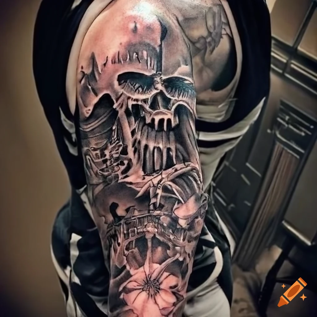 Roses stuffed inside a skull covered in smoke arms sleeve tattoo idea |  TattoosAI